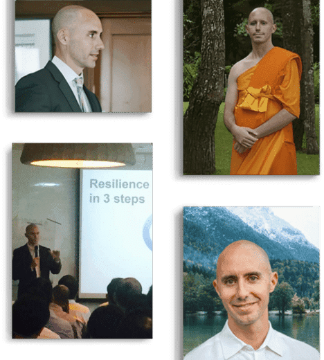 Sean Fargo across multiple contexts: business keynote, Buddhist monk in robes, conference speaker at a 'Resilience in 3 steps' presentation, and an outdoor portrait