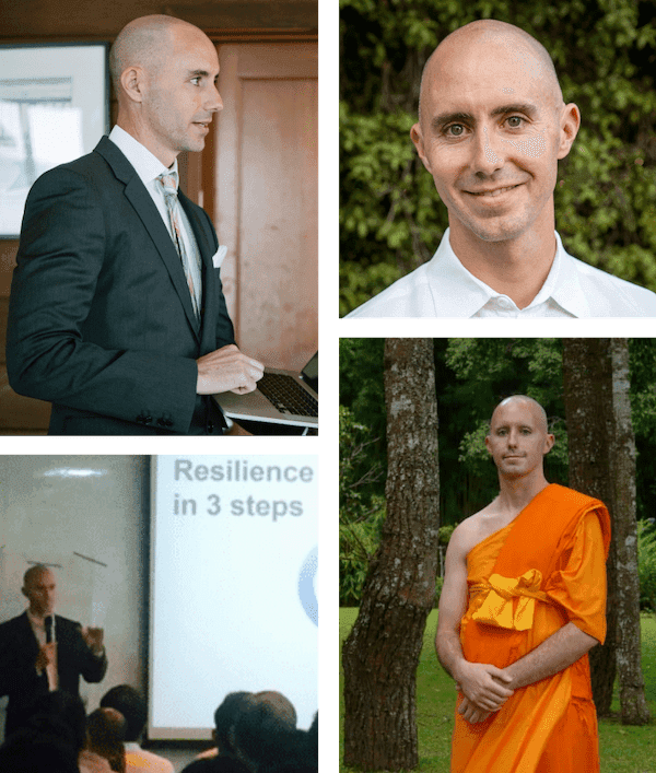Sean Fargo across multiple contexts: business keynote, Buddhist monk in robes, conference speaker at a 'Resilience in 3 steps' presentation, and an outdoor portrait