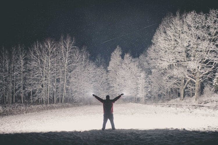 A happy man during winter night in a forest