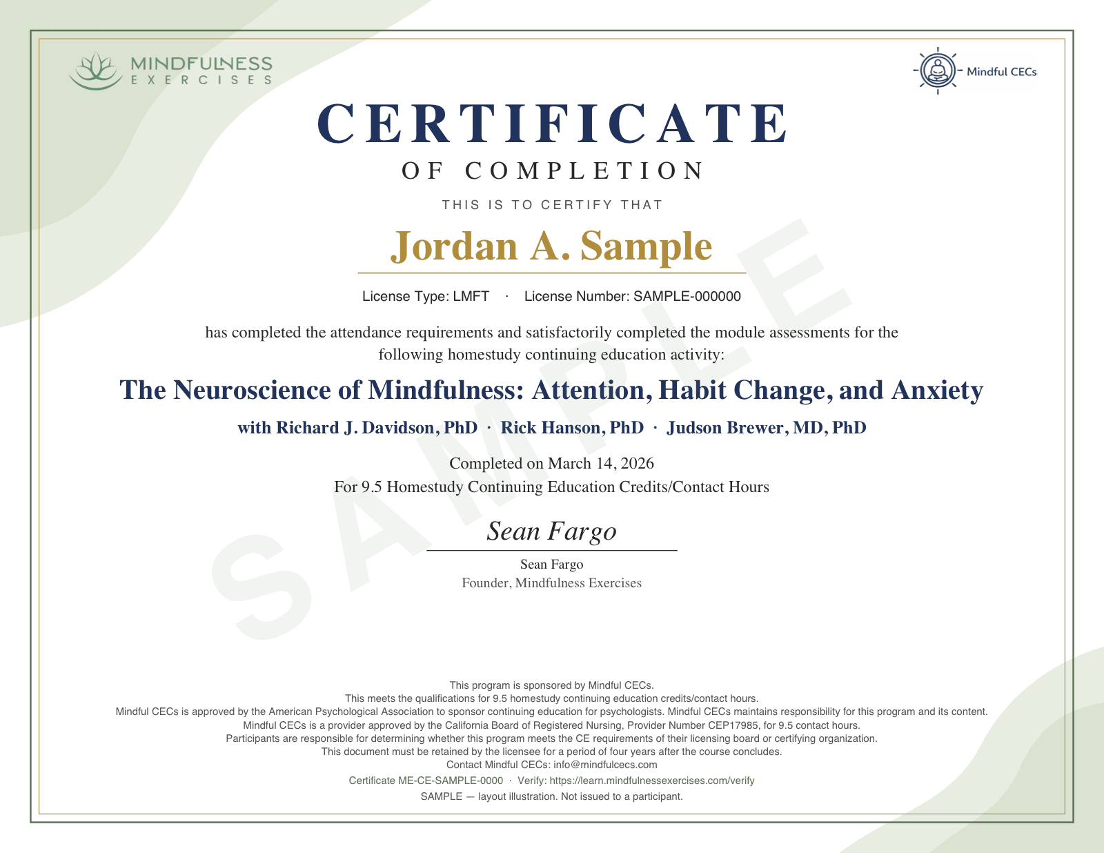Sample certificate of completion for Working with Shame and Grief: Self-Compassion and Emotional Resilience in Clinical Practice, watermarked SAMPLE