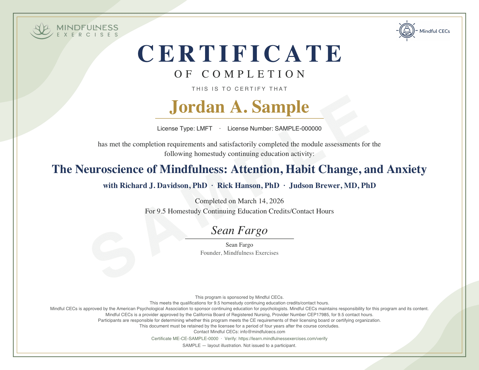 Sample certificate of completion for Guiding and Teaching Mindfulness: Ethics, Skill, and Adaptations for Adults and Children, watermarked SAMPLE