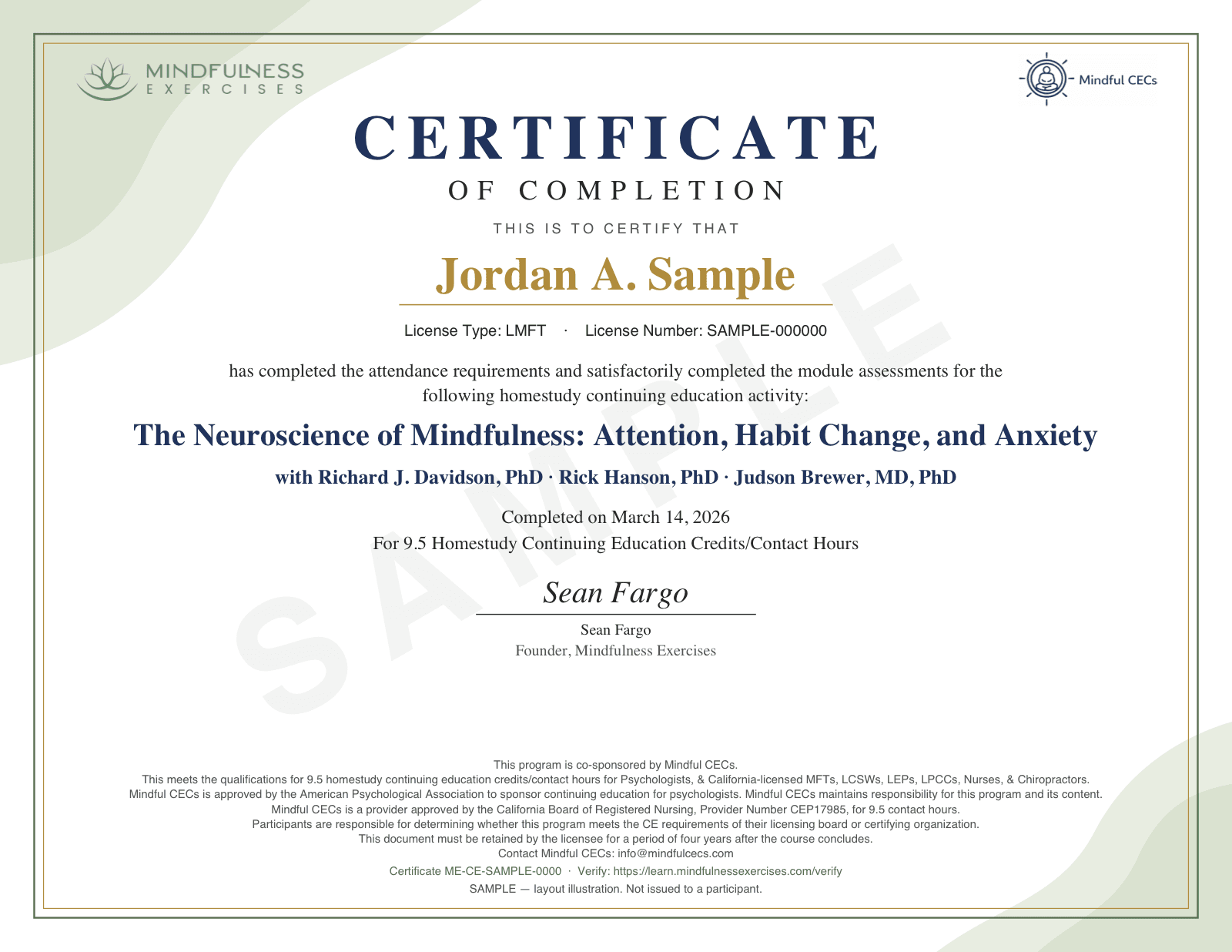 Sample certificate of completion, watermarked SAMPLE