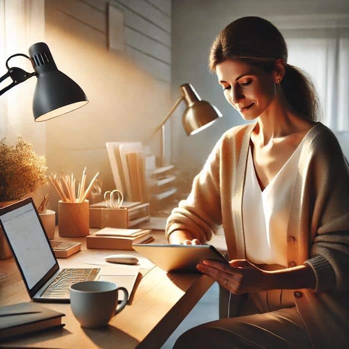 A serene teacher sitting at a clean desk with a cup of tea, easily reviewing lesson plans on a laptop or tablet.